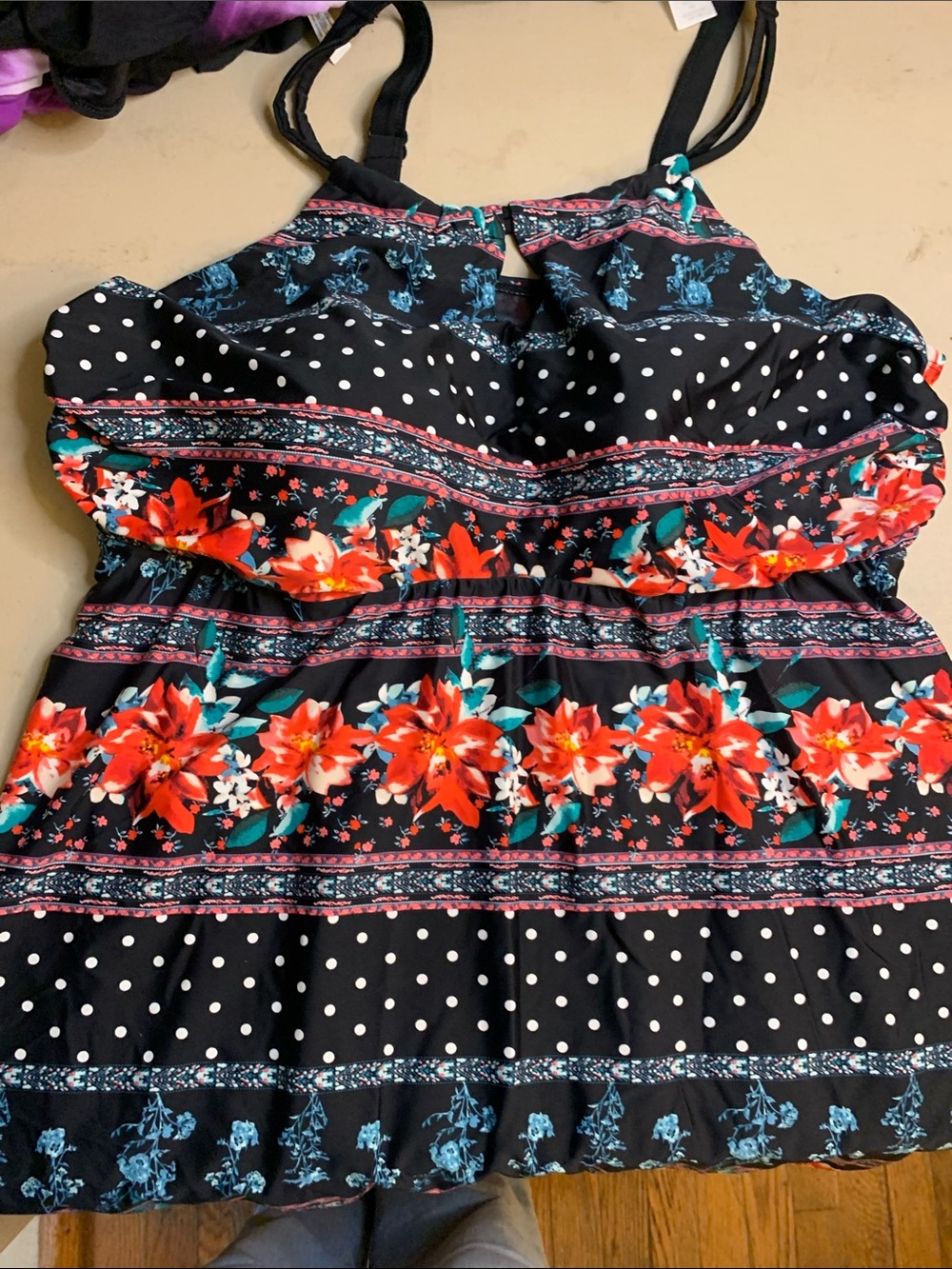 Catherines Black Dress with Teal and Red Floral Trim